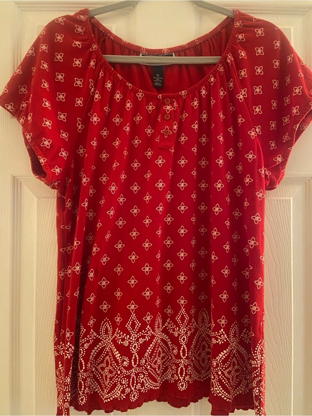 Karen Scott Red Short-Sleeve Printed Peasant Top